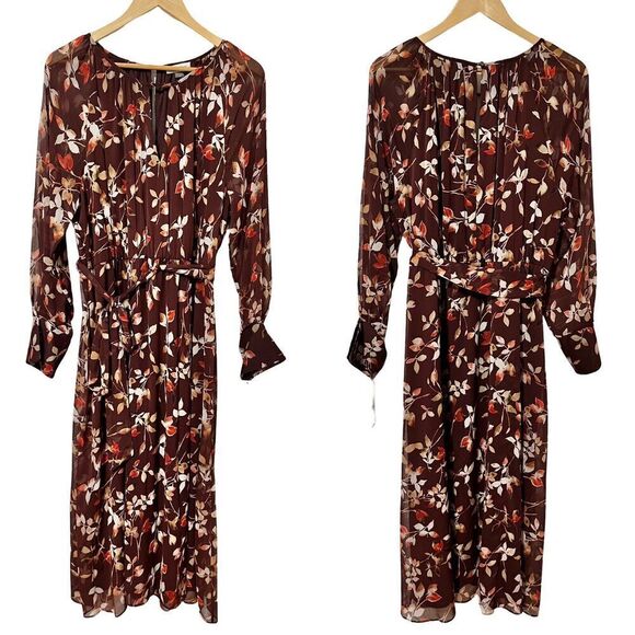 Calvin Klein Printed Round Neck Midi Chiffon Dress Size 16 Syrah Multi Belted - Picture 1 of 14
